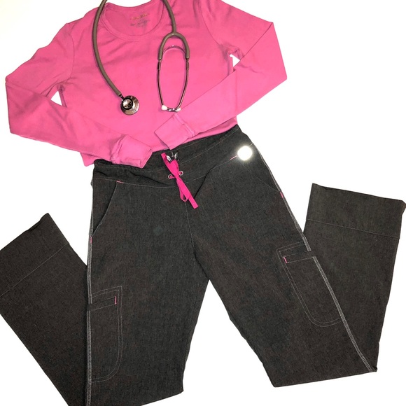 Pants - CHARCOAL GREY SCRUB PANTS AND PINK UNDER SHIRT